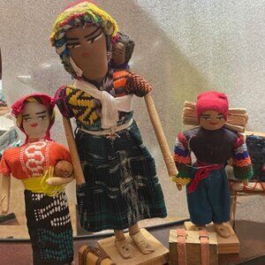 Central American Vintage 9” Mother Doll with Children Dolls on Wooden Bases